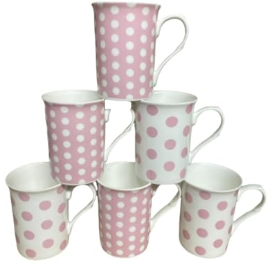 Tamersgifts Set of 6 Fine Bone China Spotty Mugs Polka Dot Pink & White Coffee Tea Cups, Lightweight Dishwasher & Microwave Safe 300ml Mug Gift Set