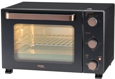 Cooks Professional Mini Oven | Electric Multi Function Countertop Cooker | 28L Capacity | Adjustable Temperature Control & Timer | 1500W | Includes Roasting Dish & Wire Rack | Black and Copper