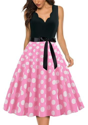 Robe Vintage Femme Années 40 50 60 Pin up Rockabilly Swing à Pois Chic et Elegant Robe de Soirée Cocktail Cérémonie sans Manche A-Line Taille Haute Ete Idee Cadeau Femme,Rose,M,H26K