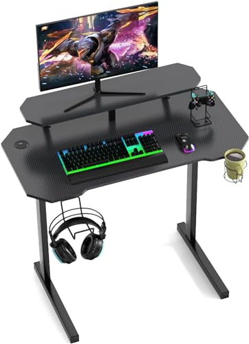 nwixbqoqn Bureau Gaming 100x55cm, Bureau Gamer avec Support d'Écran, Bureau Table Gaming en Fibre de Carbone Ergonomique avec Porte Gobelet et Crochet pour Chambre, Salon, Noir, JE366518