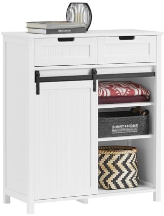 SoBuy Aparador con Puerta corrediza de Granero Armario de Almacenamiento con Compartimento Abierto y 2 cajones Blanco 80 x 35 x 93 cm FSB74-K-W ES
