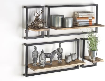 Kobolo Wandregal Hängeregal Metallregal aus Mangoholz und Metall - 4er Set