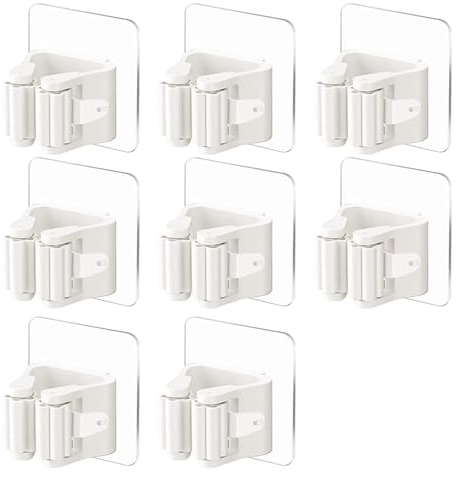 DALAETUS 8 Pcs Broom Holder Wall Mounted, Self Adhesive Mop and Brush Holder, No Drill for Garage Kitchen Garden Bathroom, White