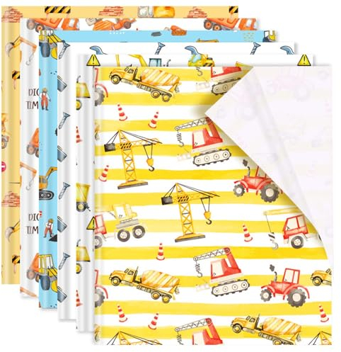 JISUAN 12 Blatt Bau-Geschenkpapier, LKW-Traktor-Geschenkpapier, gelb, blau, weiß, Kunstpapier, flach gefaltet, für Geburtstagsparty, Babyparty, Urlaub, 6 Designs, 50 x 70 cm