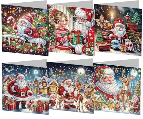 DIY 5D Diamond Painting Grußkarte mit Umschlag, 5D Diamant Malerei Weihnachten Karten Geburtstag Karte Weihnachtskarte Diamant Painting Geschenkkarte Weihnachtsdeko (6Pcs A)