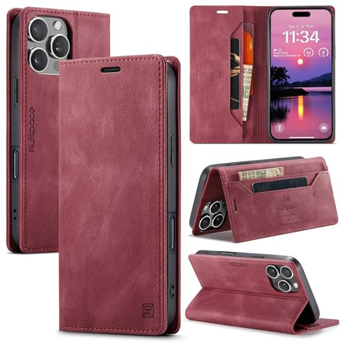 TOHULLE for iPhone 16 Pro Case, Vintage Wallet Case Card Holder Kickstand Built-in Magnetic Flip Folio Leather Case for iPhone 16 Pro - Red