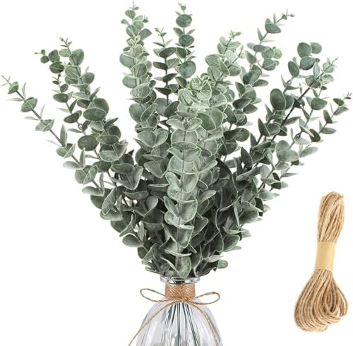 RJPLIST Künstliche Eukalyptus 30 Stück Eukalyptus Künstlich Zweige Pflanzen Deko für Hochzeitsfeiern Party Home Tischdeko Blumenarrangement 38 cm Grün, mit Jute Kordel 2mmx5M Paket A