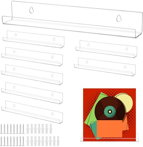 QWORK® 8 Pezzi Porta Espositive Dischi Vinile, 30.5 cm Mensola da Muro Acrilico, Mensola da Muro Acrilico Trasparente, per Camera da Letto, Soggiorno, Bagno