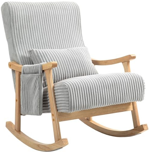 HOMCOM Mecedora Moderna Silla Mecedora de Pana con Patas y Reposabrazos de Madera de Caucho Cojín Lumbar y Bolsillo Mecedora para Lactancia Carga 120 kg para Dormitorio Salón Gris