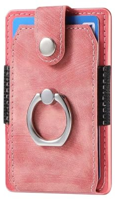 COQUE Porte-Cartes de téléphone Ultra Fin en Cuir adhésif avec Anneau de Poche pour Carte de crédit, Autocollant arrière pour Smartphone-Rose