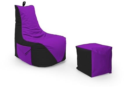 Nadimaideal Gamer Sitzsack Komfort XL - XXL für Kinder, Teenager & Erwachsene | Indoor & Outdoor | Sitzsack Gaming | Füllung EPS Perlen (Schwarz - Lila, Sitzsack XXL mit Hocker)