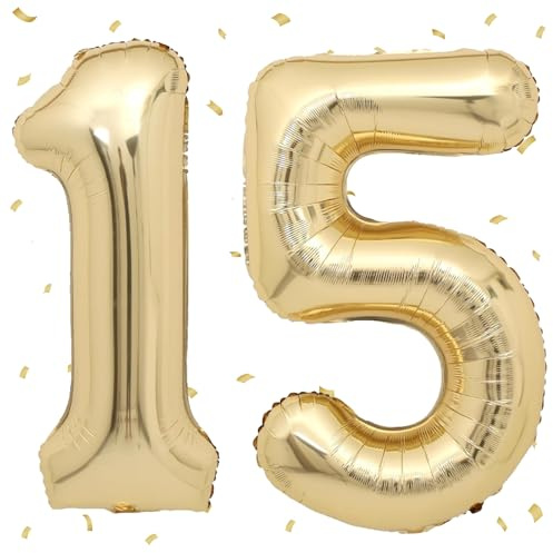 Luftballons 15 hellgoldfarben, 101 cm, Folienballons, Zahl 15, Gold, große Luftballons, Nummer 15, Dekoration 15 Jahre, für Jungen, Mädchen, Geburtstag, Party, Deko