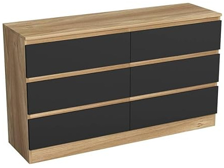 URBNLIVING Modern Oak Wooden Chest with Black 6 Drawers for Bedroom or Office Storage Versatile Bedside Table and Stylish Cabinet for Organizing Clothes Accessories Work Place Supplies and Items