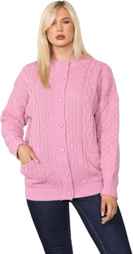 pretty attitude Women Winter Chunky Cable Knit Ladies Long Sleeve Aran Crew Neck Warm Cardigan (UK, Numeric, 14, Regular, Regular, Dusty Pink)