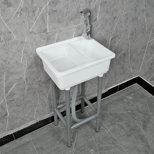 Fregadero de Cocina Blanco, Fregadero de Camping, Lavabo de Jardin Exterior para Cocina Restaurante Lavandería Garaje Jardín Camping 43x32x83 cm F Grifo Mezclador de Agua Fría y Caliente
