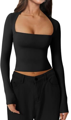 INFITTY Going Out Tops for Women UK Square Neck Long Sleeve Crop Top Solid Color Slim Fit T-Shirt Y2k Black S
