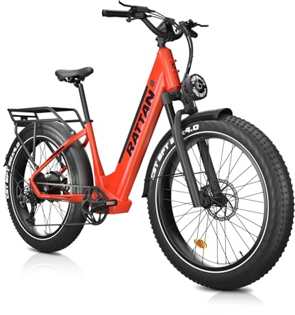 Rattan Pathfinder Electric Bike 26 Fat Bike for Adults, 48V 15Ah Battery, Up to 65 Miles Range, Hydraulic Brakes & Suspension, 7 Speeds (Pathfinder ST (Step Through), Red)