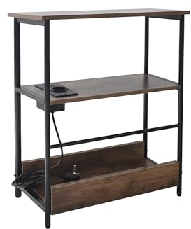 Relaxdays Beistelltisch mit Steckdose & USB, 2 Ablagen & Zeitungsfach, HBT: 58x45x18 cm, Nachttisch, Dunkelbraun/schwarz