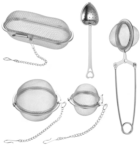 Zhujiehigh 5 Pcs Stainless Steel Tea Ball Infuser, Fine Mesh, 4 Styles | Tea strainers and ball infusers, fine mesh stainless steel with chain. For brewing herb, fruit teas. Set of 5, 4 styles.