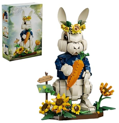 Ländliches Kaninchen Bausteine, 1252 Teilie Oster Blumen Kaninchen Klemmbausteine, Bewegliches Tier Modell mit Abnehmbarer Basis, Dekoration für das Homeoffice, Spielzeug Geschenk für Erwachsene