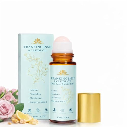 Weihrauch- Und Rizinusöl Roll-On, Rosenquarz-Roller, 100% Rein Bio Kaltgepresst, Feuchtigkeitspflege Für Gesicht Und Hals Für Ein Geschmeidiges Gepflegtes Hautgefühl, 50 ml (1PCS)