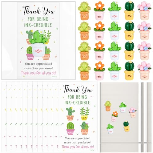 50 Sets Cute Succulent Fridge Magnet Small Thank You Gifts with Cards | Gift Bags Employee Appreciation Gifts Bulk Cartoon Fridge Magnets for Coworker Team Staff Nurse Teacher Volunteer