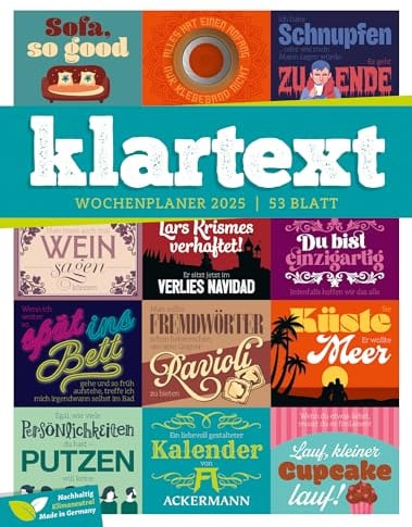 Klartext Sprüche - Wochenplaner Kalender 2025, Wandkalender im Hochformat (25x33 cm) - Typografie, Wochenkalender mit Rätseln und Sudokus