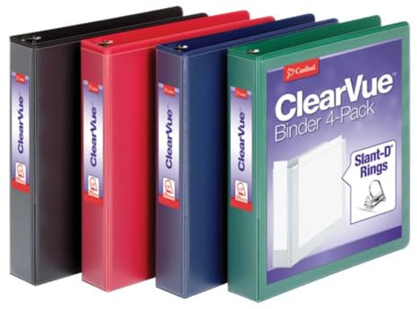 Cardinal 1.5 Inch 3 Ring Binder, D Ring, Assorted, Black, Red, Blue, Green 4 Pack, Holds 375 Sheets (29300)