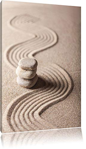 Pixxprint Wellenmuster im Sand mit Steinen, Größe: 60x40cm, Leinwandbild, fertig gespannt, Wandbild, Dekoration, Kunstdruck, kein Poster