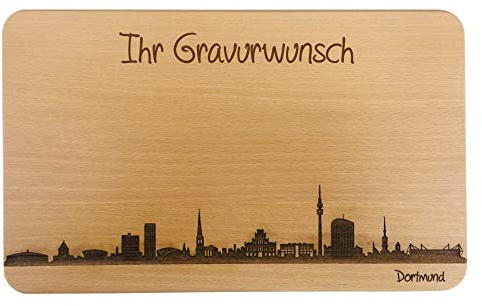 Brotzeitbrett Dortmund Skyline | Frühstücksbrettchen aus Buche | Holz Schneidbrett | Geschenk mit Gravur | Frühstücksbrett | Nordrhein-Westfalen (Brett L (26x16x1,5cm), mit persönlicher Gravur)