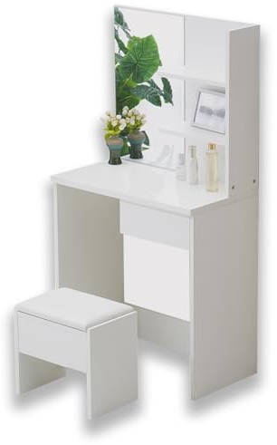 TUKAILAI Schminktisch mit Spiegel Weiß Kosmetiktisch Frisierkommode Frisiertisch Spiegel mit Hocker und Spiegelset 1 Schublade und Regal mit 2 Ebenen für Ablagecke für Schlafzimmer
