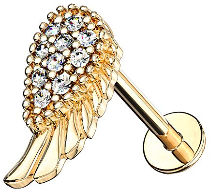 Piercingfaktor Universal Piercing Tragus Helix Ohr Cartilage Stab Labret Stecker Madonna Lippenpiercing Lippe mit Kristall Engelsflügel Gold 8mm