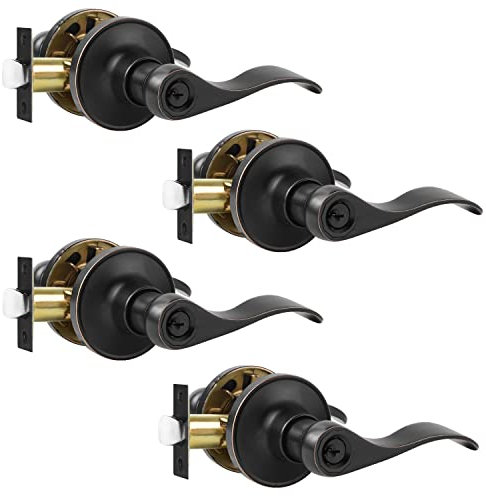 Leydebong 4 Pack Door Knob with Lock, Keyed Alike Door Handles, Entry Door Lock, Wave Style Door Levers, Universal Handing, Drop Lever Shape,Finish in Oil Rubbed Bronze