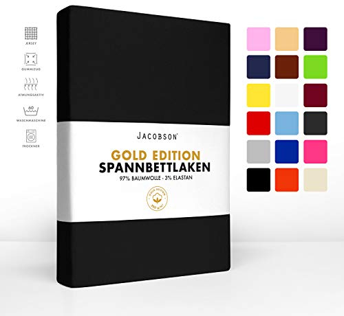 Jacobson Gold Edition Jersey Spannbettlaken Spannbetttuch Baumwolle mit ELASTAN ca. 200 g/m² (140x200 cm - 160x200 cm, Schwarz)
