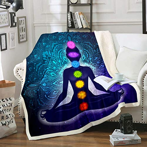 Loussiesd Chakra-Fleecedecken, Zen, spirituelle Decke für Couch, Bett, Sofa, Boho-Mandala, Plüsch, Überwurf, Decke, schmutzabweisend, Bohemian-Mandala-Stil, Sherpa-Decke, Einzelbett, 127 x 152,4 cm