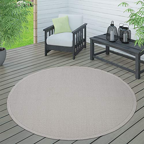 Paco Home Indoor & Outdoor Rug, Terrace And Balcony, Weatherproof One Colour With Texture, Size:200 cm round, Colour:Ivory