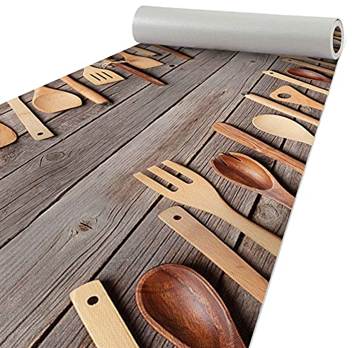 ANRO Küchenläufer Läufer Küchenteppich Flur Teppichläufer Polyester Abwaschbar Holz Geschirr 100x51cm