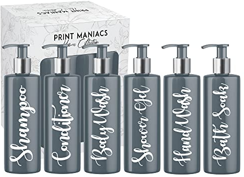 Print Maniacs Grey Mrs Hinch Inspired Personalised 500ml Pump Bottles Bathroom Lotion Kitchen Set Shampoo Conditioner Body Wash (Set 6) (White)