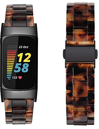 Omter Compatible with Resin Fitbit Charge 5 Band for Women Men Replacement Adjustable Wirstband Strap Bracelet(Black Tortoiseshell)