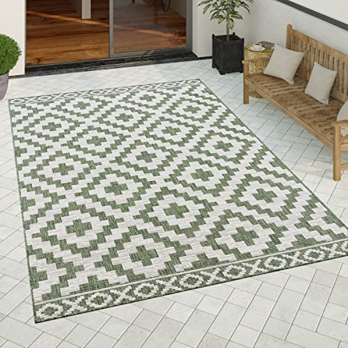 Paco Home Outdoor Teppich Wetterfest Wohnzimmer Küchenteppich Balkon Boho Moderne Skandinavisch Geometrische Rauten Muster, Grösse:80x150 cm, Farbe:Grün