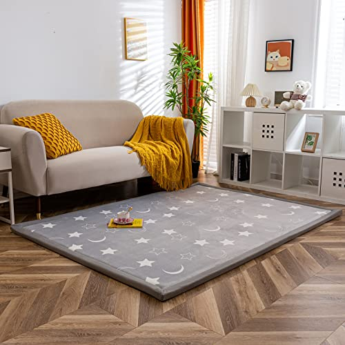 BYBYME Krabbelmatte Baby Korallen Samtmatte Kinderteppich - Extra Dicke 3cm und Weiche Spielmatte - als Teppich Kinderzimmer, Spielteppich Baby, Krabbeldecke (Mond und Stern, 150x200cm)