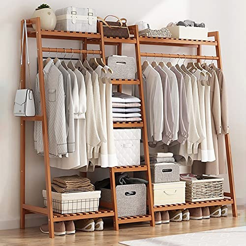 Portant Penderie à Vêtements en Bambou, 4 en 1 Porte-Manteaux pour Chambre à Coucher Couloir Salon, avec 9 Etagères De Rangement, Facile à Installer Charge 220lb Nature
