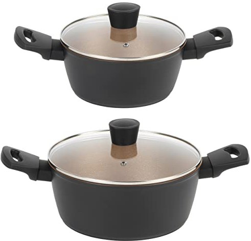 Russell Hobbs COMBO-8222 Stockpot Set – 20/24 cm Non-Stick Cooking Pots for Induction Hob, Kitchen Deep Pans with Lid, PFOA-Free Soup Pan for Stew, Casserole, Aluminium, Stay Cool Handles, Black Gold