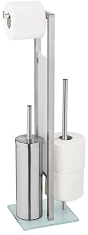 WENKO Rivalta, set di piatti chiusi in acciaio inox, vetro di sicurezza, scopino, carta igienica e porta rotolo di ricambio, argento, polipropilene temperato, opaco/bianco/nero, 18 x 70 x 23 cm