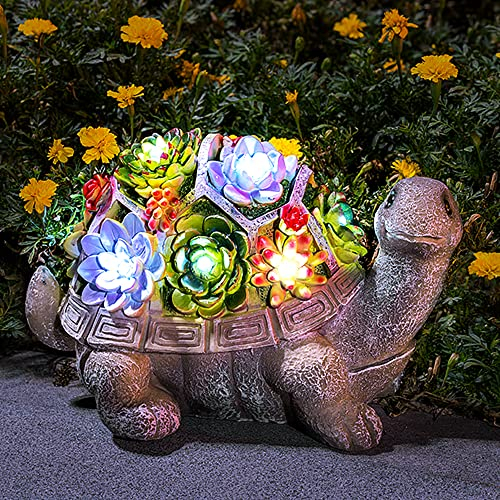 GIGALUMI Solar Turtle Garden Ornaments Outdoor Decor, Solar Garden Statue with Succulents and 7 LEDs Solar Lights, for Mum, Gifts for Mum, Gifts for Women(8.3 inch/ 21 cm)
