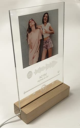 Oedim Placa Metacrilato Música Spotify con Código Personalizado + Base de Madera con Luz | Fabricado en Metacrilato 4mm | 15x23cm | Efecto Espejo | Base 15cm