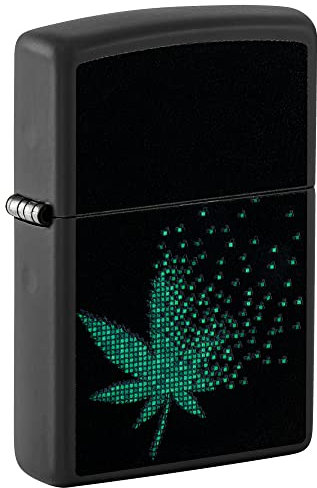 Zippo Windproof Lighter - Pixel Cannabis - Black Matte with Black Light Effect - Refillable - Reusable - Windproof Design - Gift Box - Made in USA