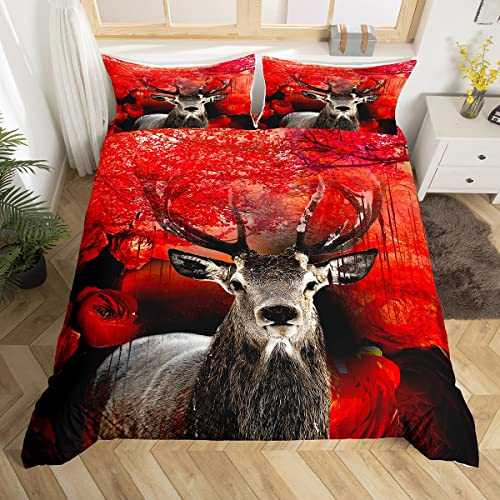 Loussiesd Hirsch Bettwäsche Tiere 135x200cm Bettwäsche Jugendliche Jugend Hirsch Blume Wald Motiv Bettbezug Set Jungen Kinder Mädchen Schlafzimmer Dekor Bettwäsche Braun Rot Bettwäsche Mikrofaser
