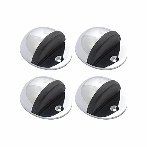 SUL Brass Oval Floor Mounted Door Stops, Half Moon Floor Door Stopper with Rubber Bumper, Wall Protector Chrome Polished Doorstop with Screws for Hard Floor Glass Door to Protect Walls and Doors (4pk)