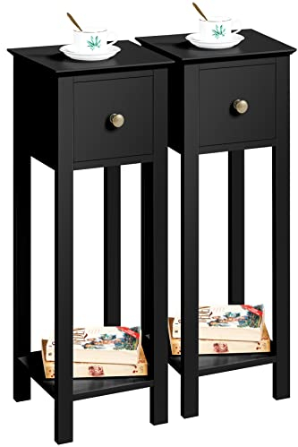 Yaheetech Black Slim Bedside Table Set of 2, Narrow Wooden Nightstand with Drawer & Shelf, Tall Telephone Table Hallway Side Table, 25x25x70cm